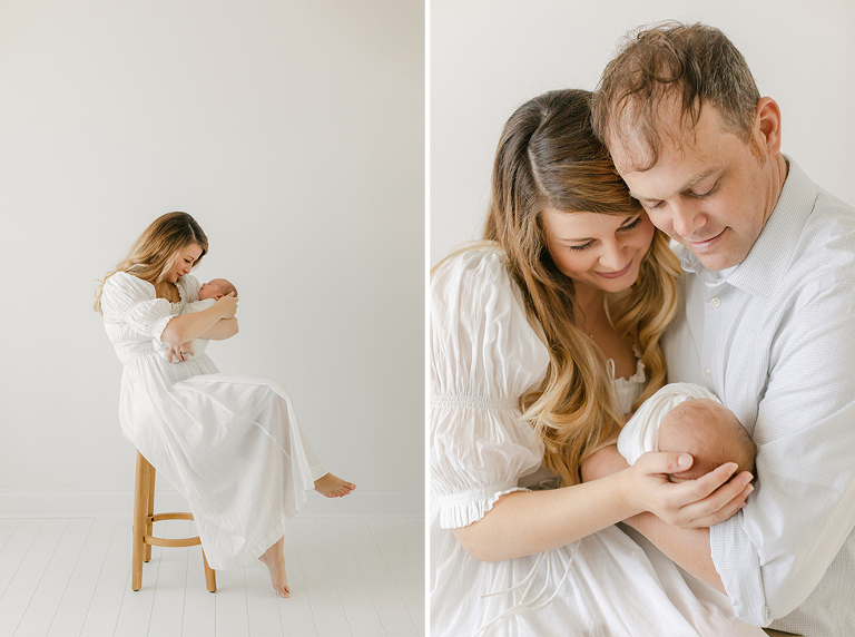 montgomery newborn photographer Virginia Schultz expertly photographs a new mom in a stylish white Doen dress