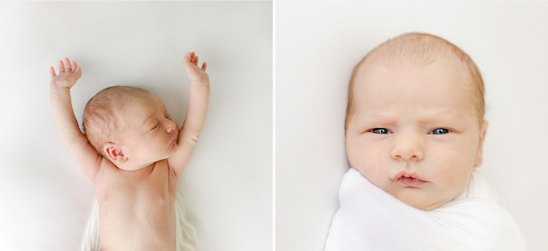 gorgeous stretching and wide awake baby in a local bellevue newborn photography studio session