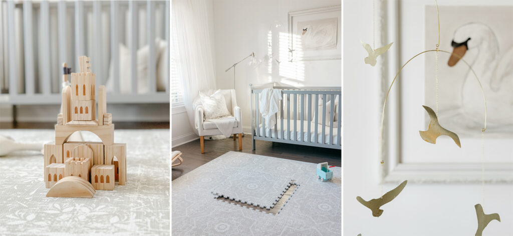 trio of images with various items from baby stores in omaha.  Castle blocks in a nursery, styled nursery with light and a delicate golden mobile and swan painting.